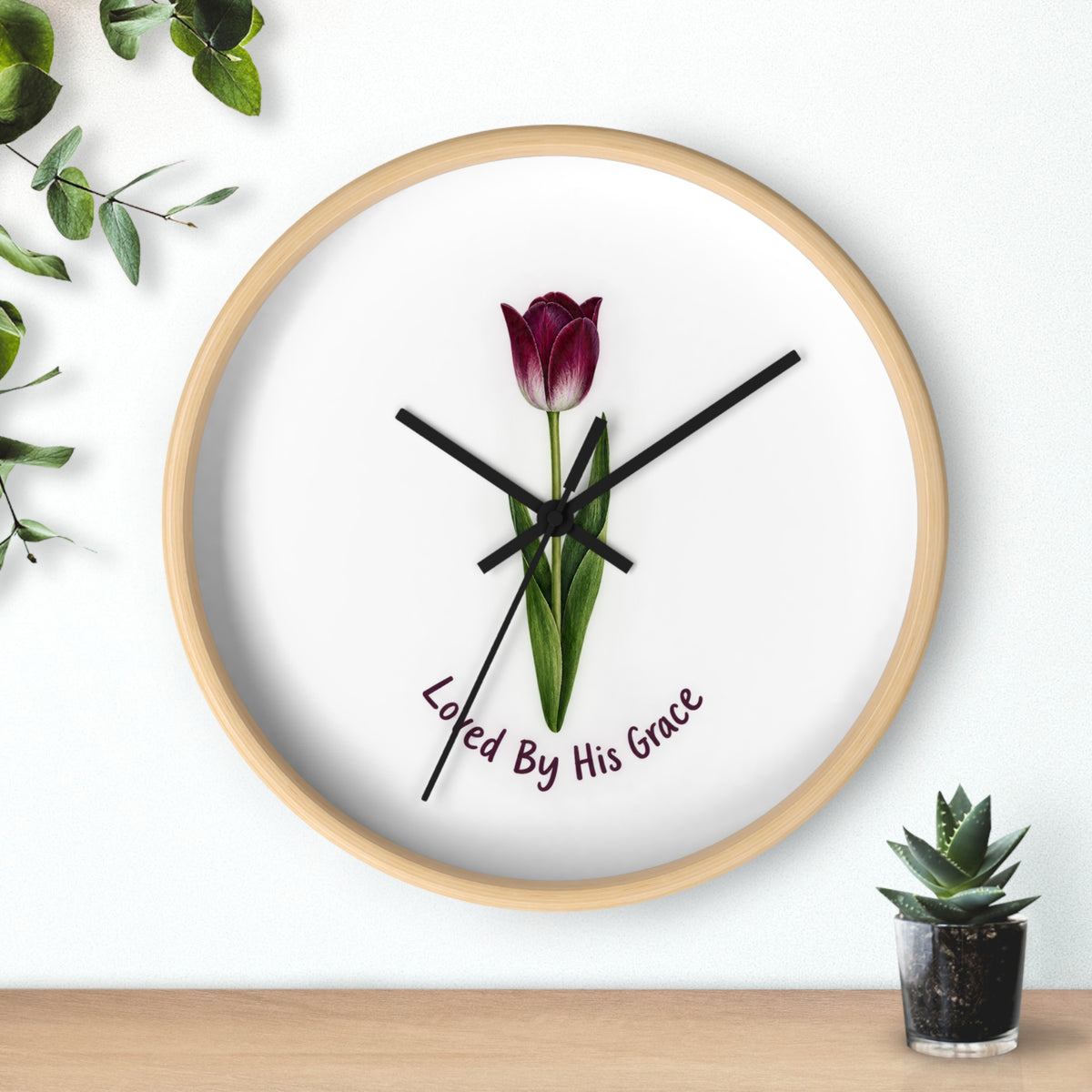 Loved By His Grace Tulip Wall Clock — Christian Floral Home Decor