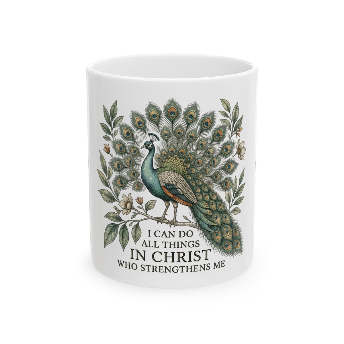 Christian Peacock Mug – "I Can Do All Things in Christ" Inspirational Coffee Cup
