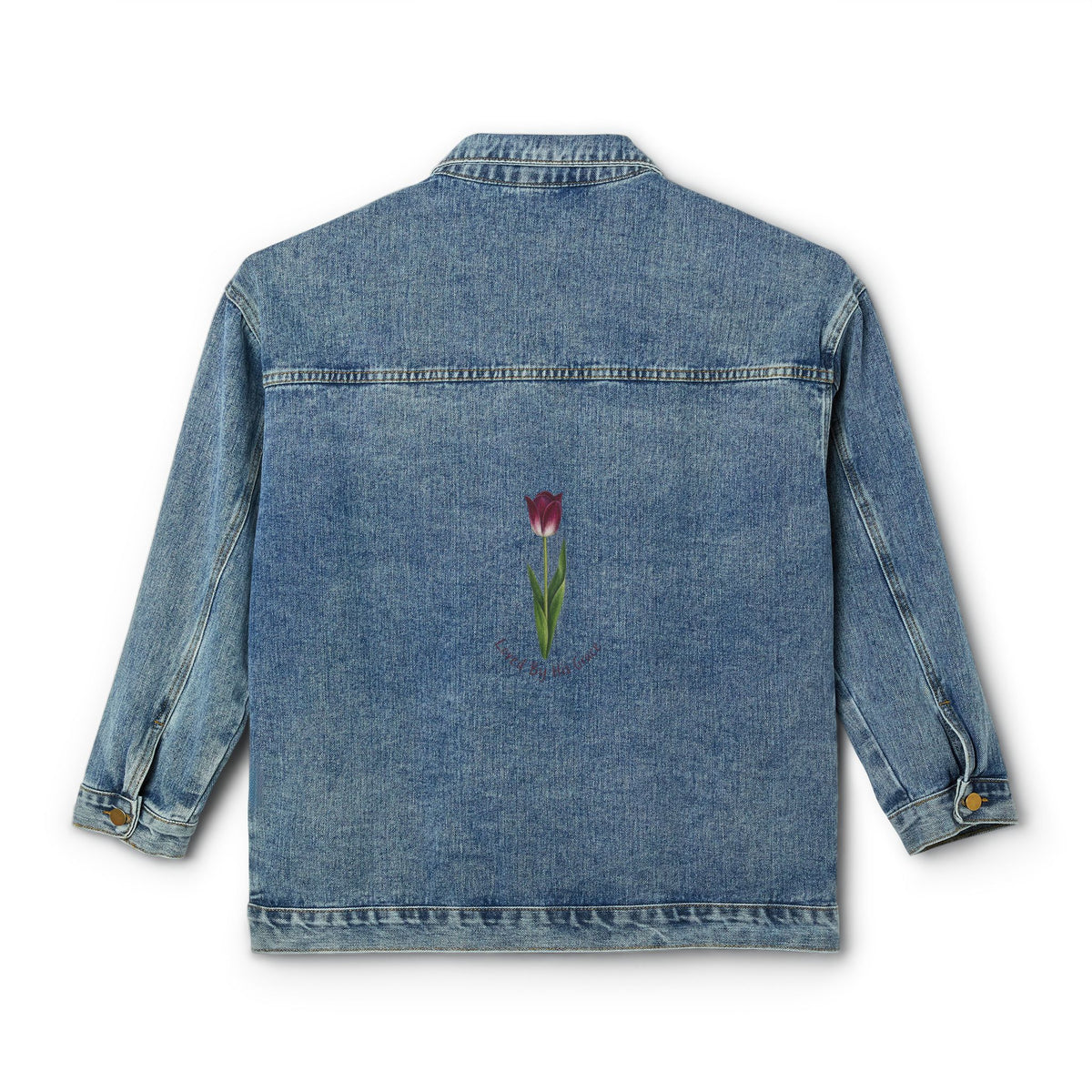 Women's Denim Jacket with Embroidered Purple Tulip — Casual Floral Jean Jacket