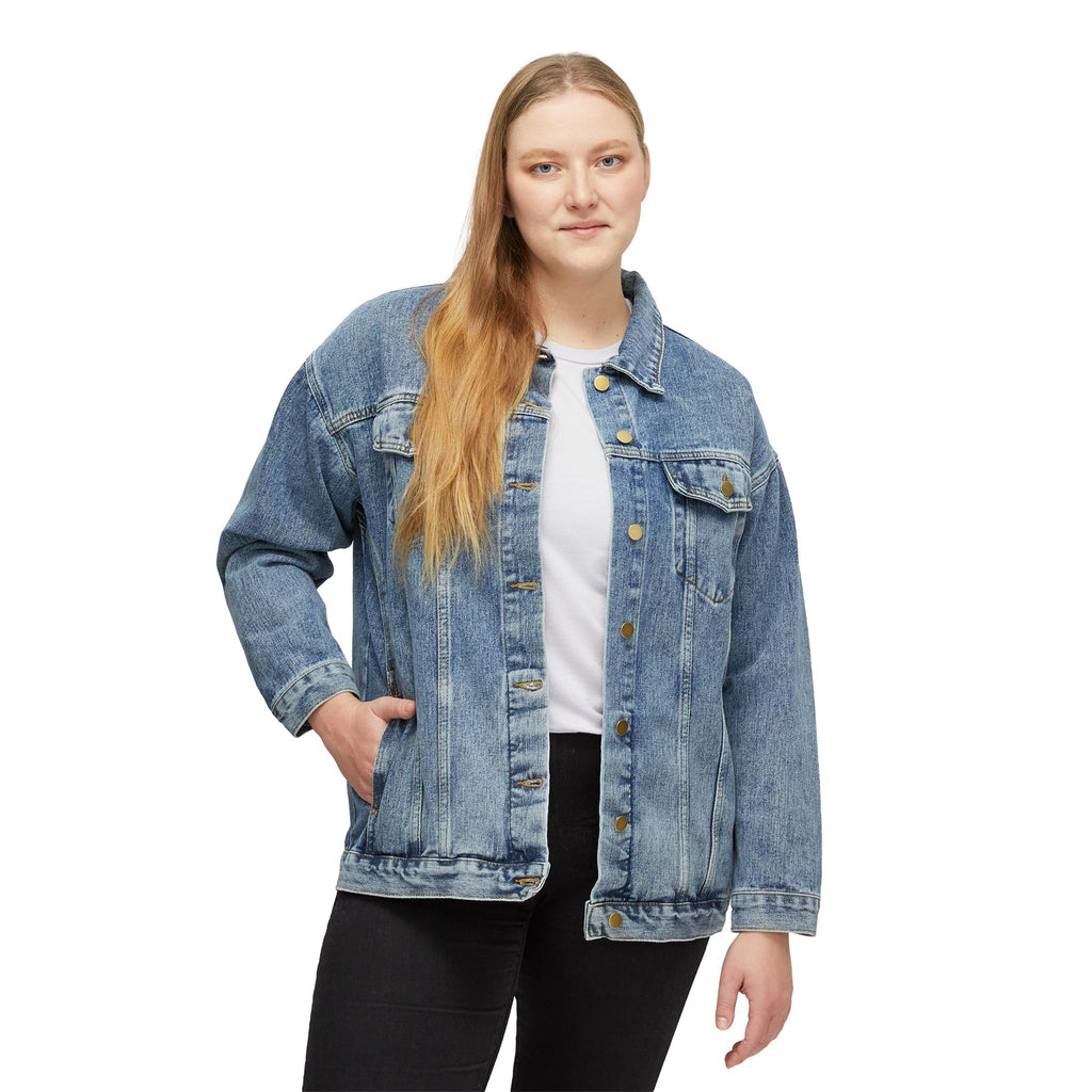 Women's Denim Jacket with Embroidered Purple Tulip — Casual Floral Jean Jacket
