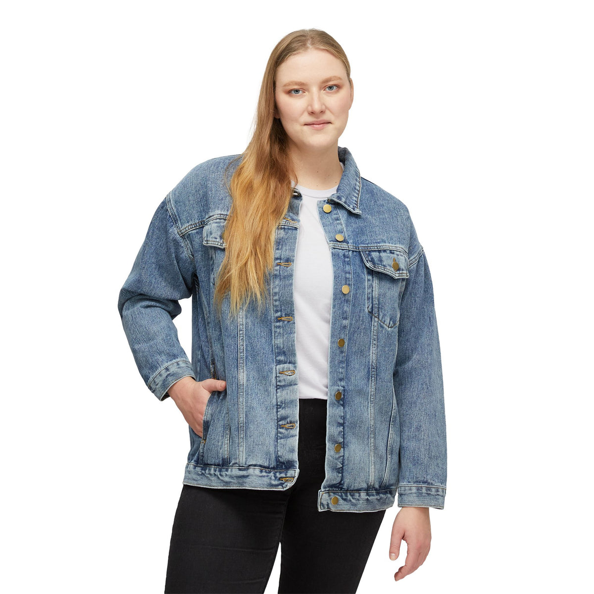 Women's Denim Jacket with Embroidered Purple Tulip — Casual Floral Jean Jacket
