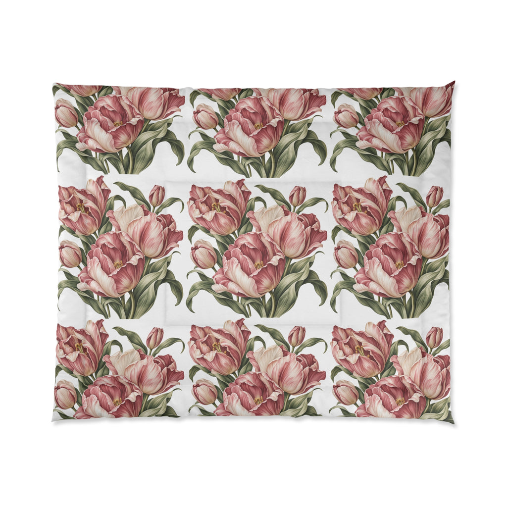 Floral Tulip Comforter - Vintage Pink Botanical Bedding