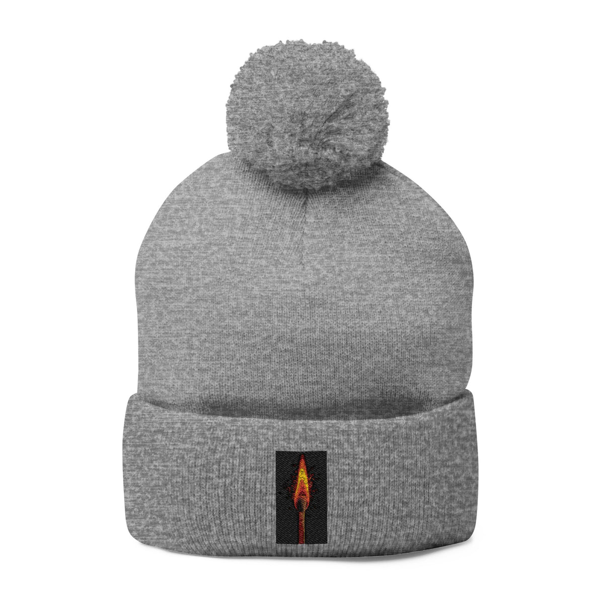 Embroidered Matchstick Pom-Pom Knit Cap — Cozy Winter Beanie with Flame Patch