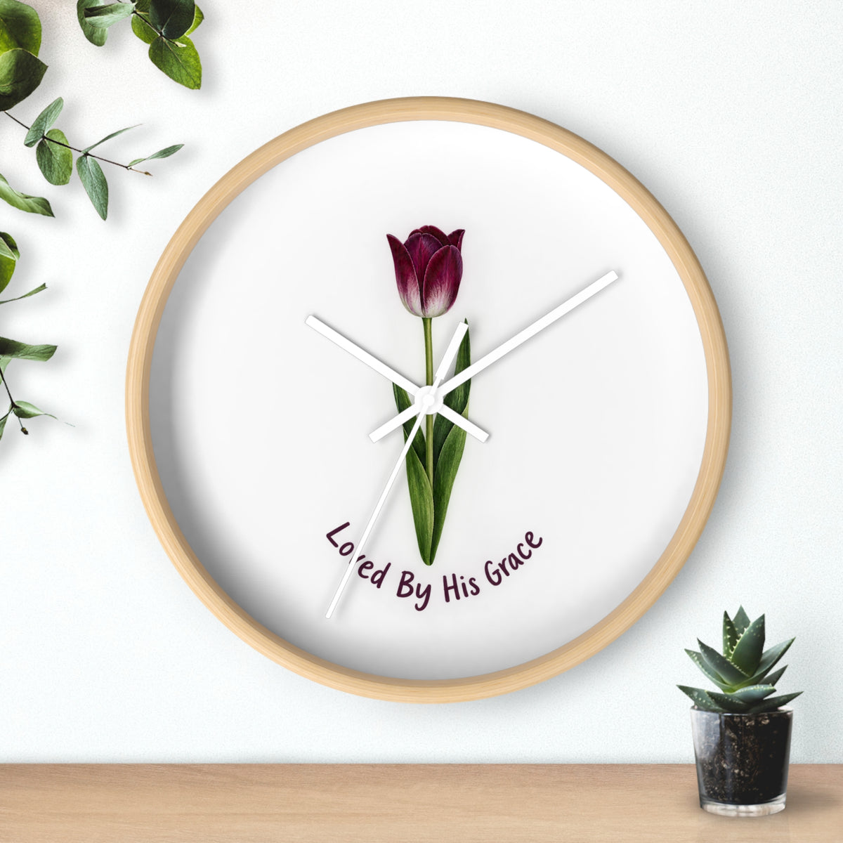 Loved By His Grace Tulip Wall Clock — Christian Floral Home Decor