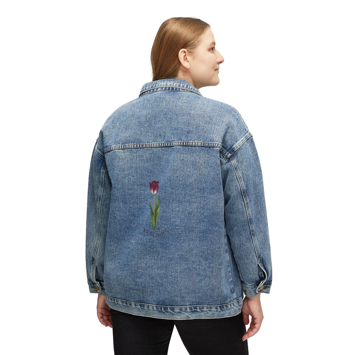 Women's Denim Jacket with Embroidered Purple Tulip — Casual Floral Jean Jacket