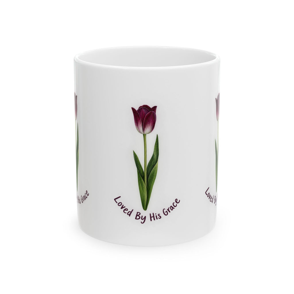 Tulip 'Loved By His Grace' Ceramic Mug — Faith-Inspired Floral Coffee Cup (11oz/15oz)