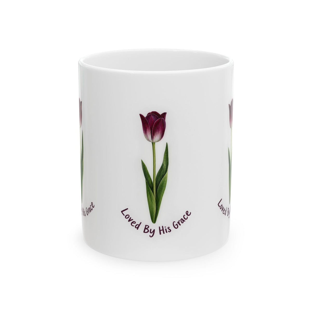 Tulip 'Loved By His Grace' Ceramic Mug — Faith-Inspired Floral Coffee Cup (11oz/15oz)