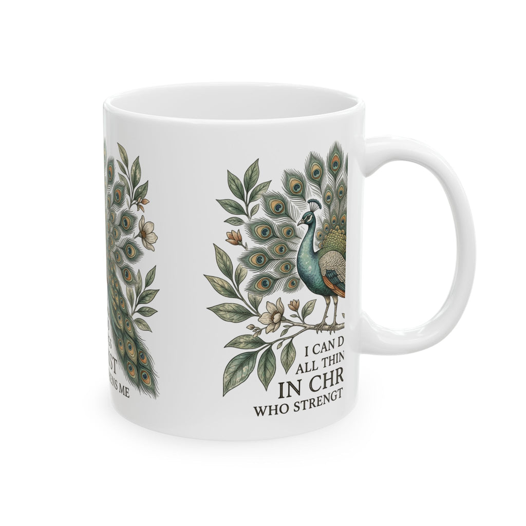Christian Peacock Mug – "I Can Do All Things in Christ" Inspirational Coffee Cup