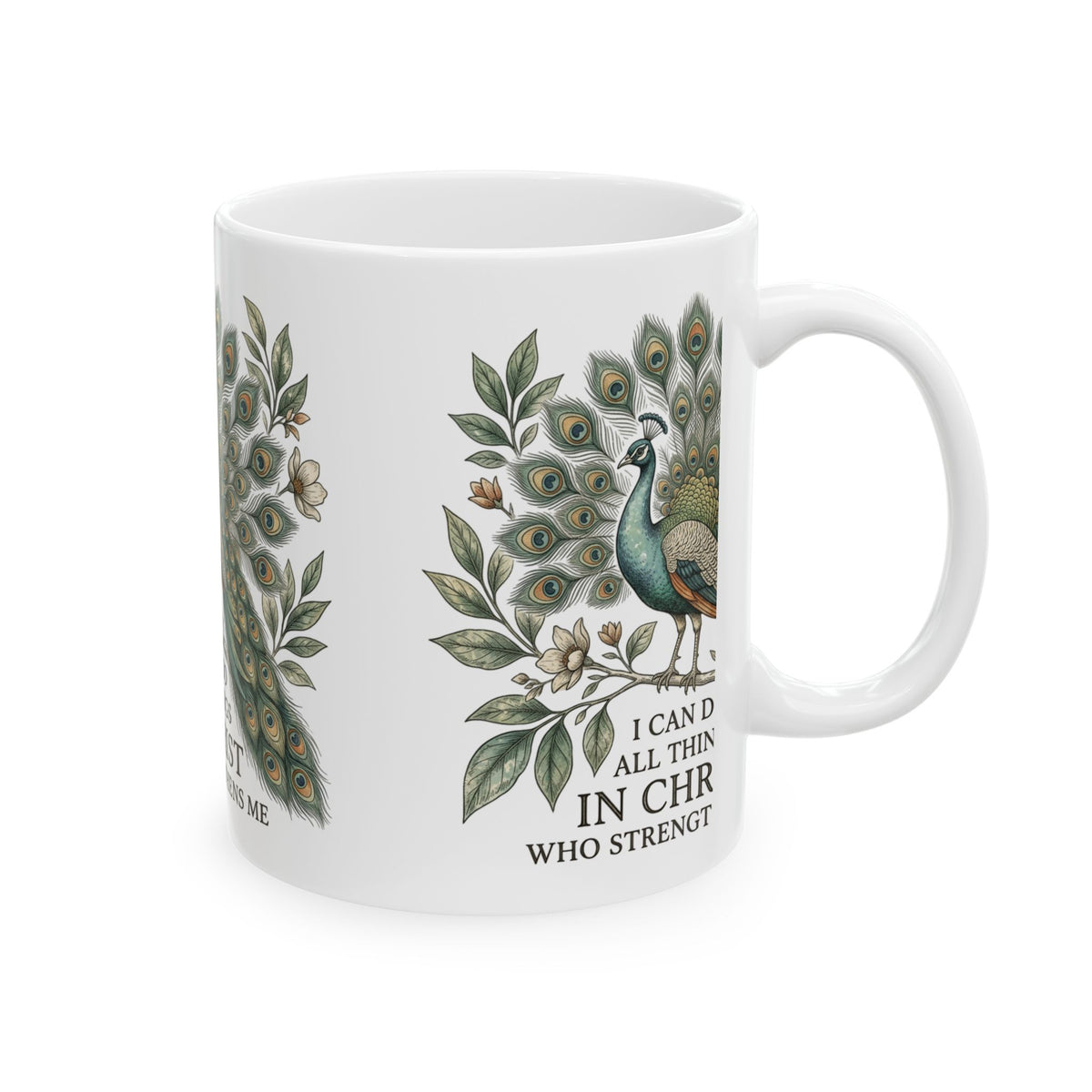 Christian Peacock Mug – "I Can Do All Things in Christ" Inspirational Coffee Cup
