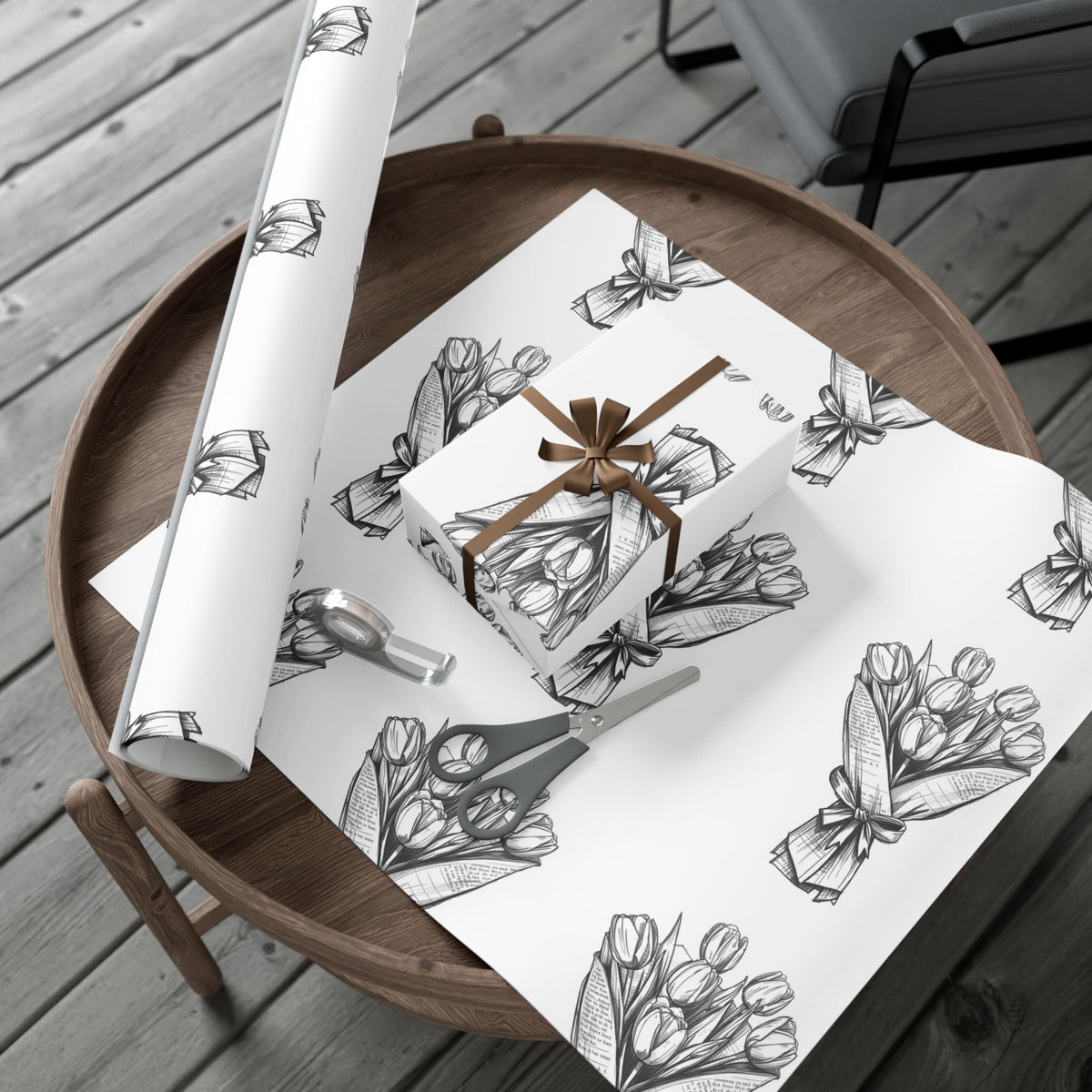 Bouquet Sketch Gift Wrap — Black & White Floral Wrapping Paper