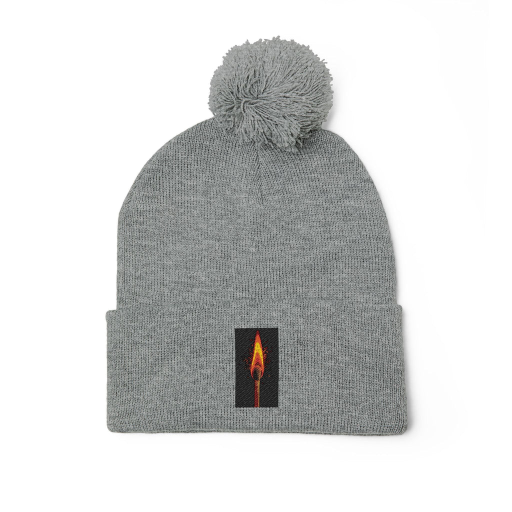 Embroidered Matchstick Pom-Pom Knit Cap — Cozy Winter Beanie with Flame Patch
