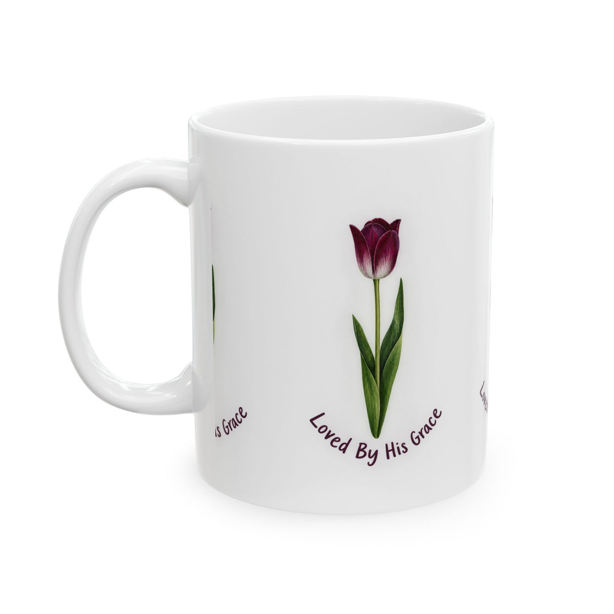 Tulip 'Loved By His Grace' Ceramic Mug — Faith-Inspired Floral Coffee Cup (11oz/15oz)