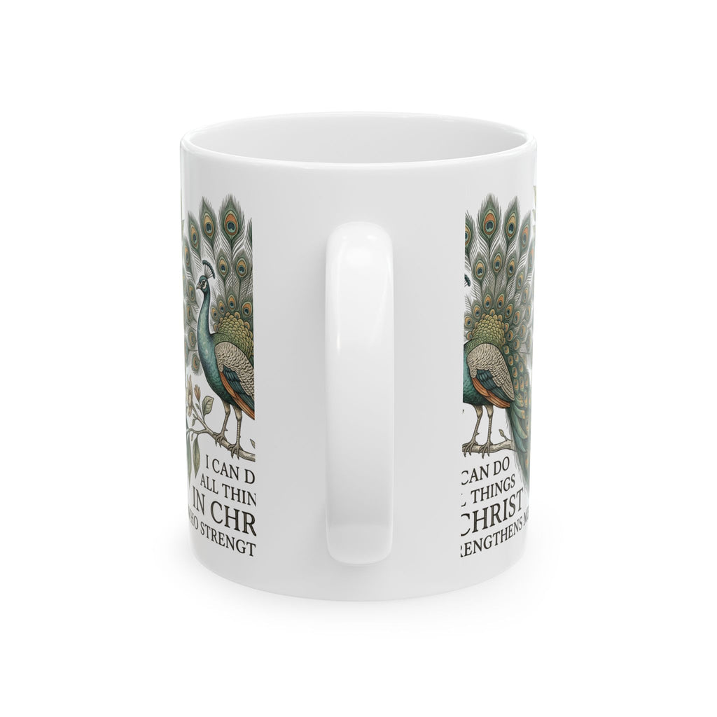 Christian Peacock Mug – "I Can Do All Things in Christ" Inspirational Coffee Cup