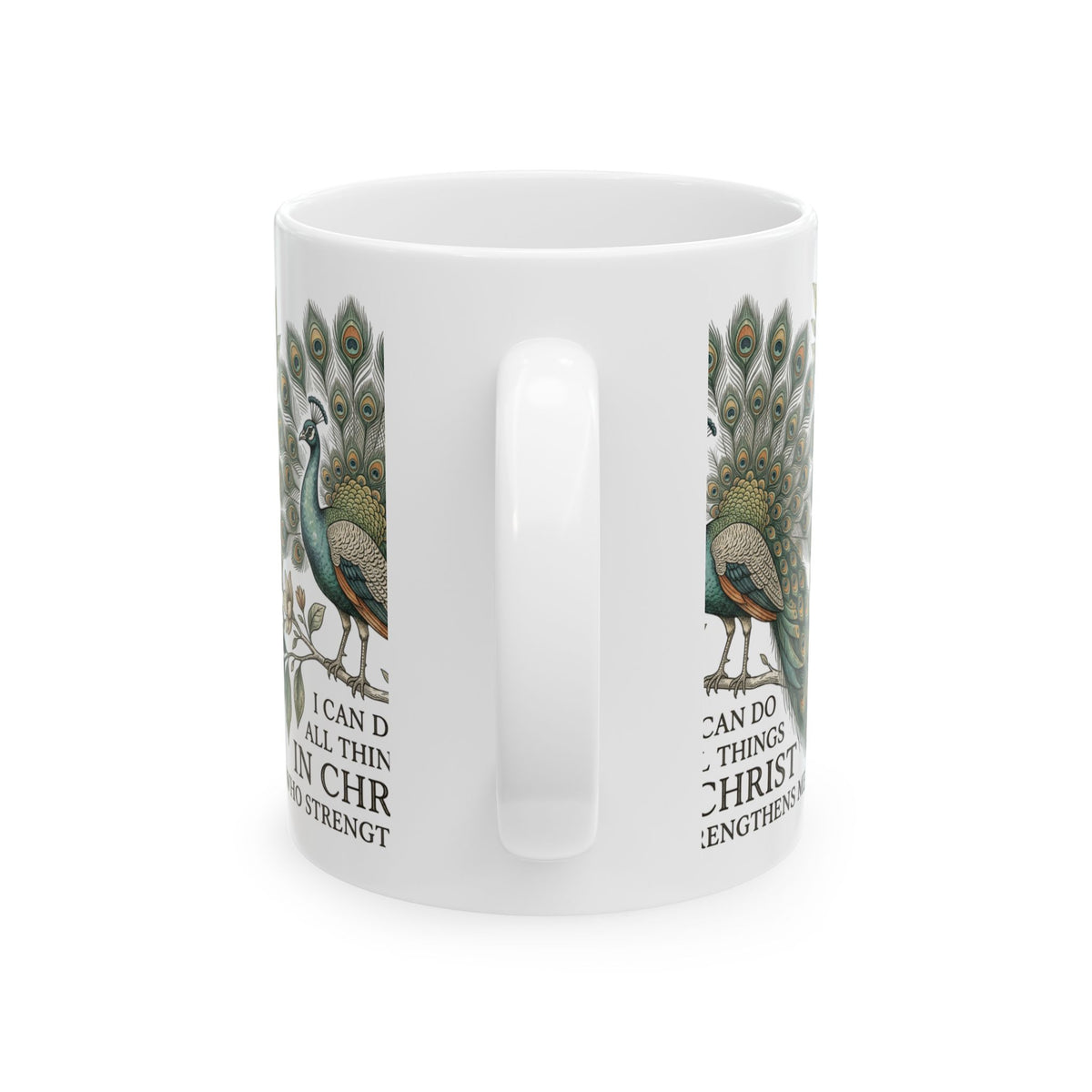 Christian Peacock Mug – "I Can Do All Things in Christ" Inspirational Coffee Cup