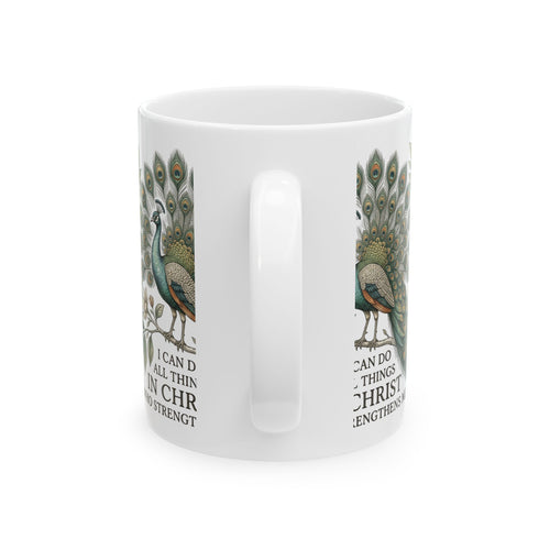Christian Peacock Mug – "I Can Do All Things in Christ" Inspirational Coffee Cup