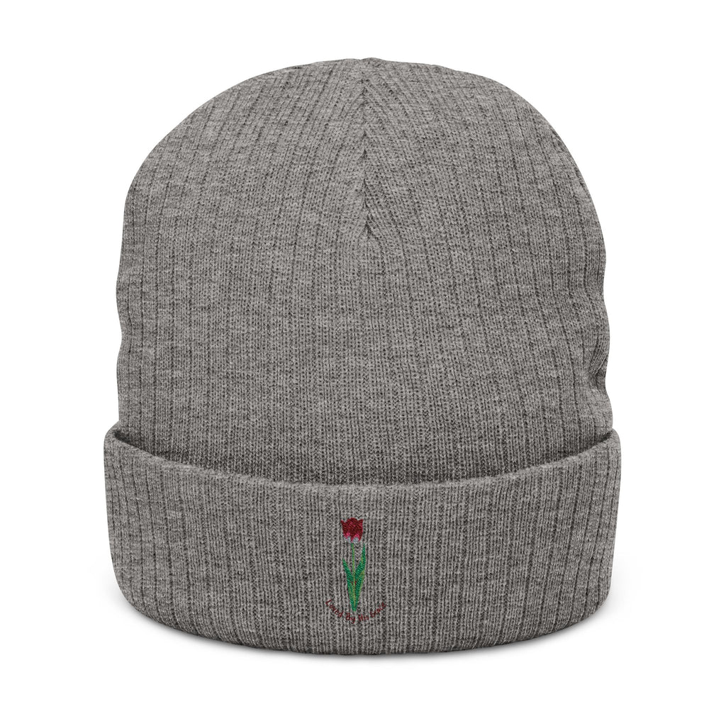 Embroidered Rose Ribbed Beanie — Knit Winter Hat with Small Rose Stitch