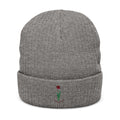 Embroidered Rose Ribbed Beanie — Knit Winter Hat with Small Rose Stitch