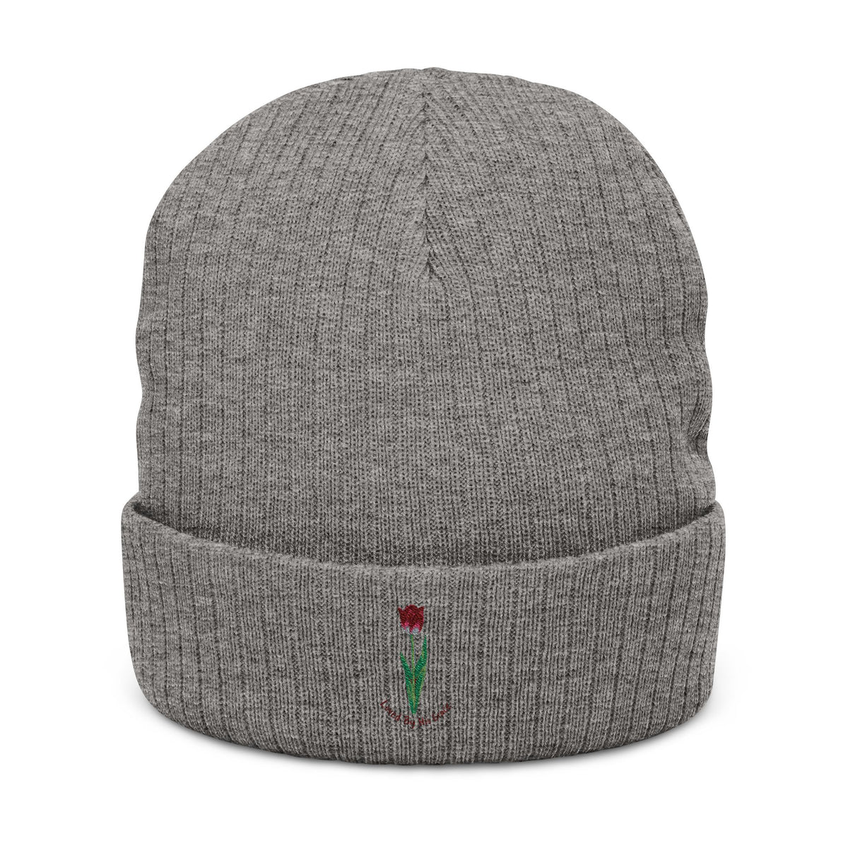 Embroidered Rose Ribbed Beanie — Knit Winter Hat with Small Rose Stitch