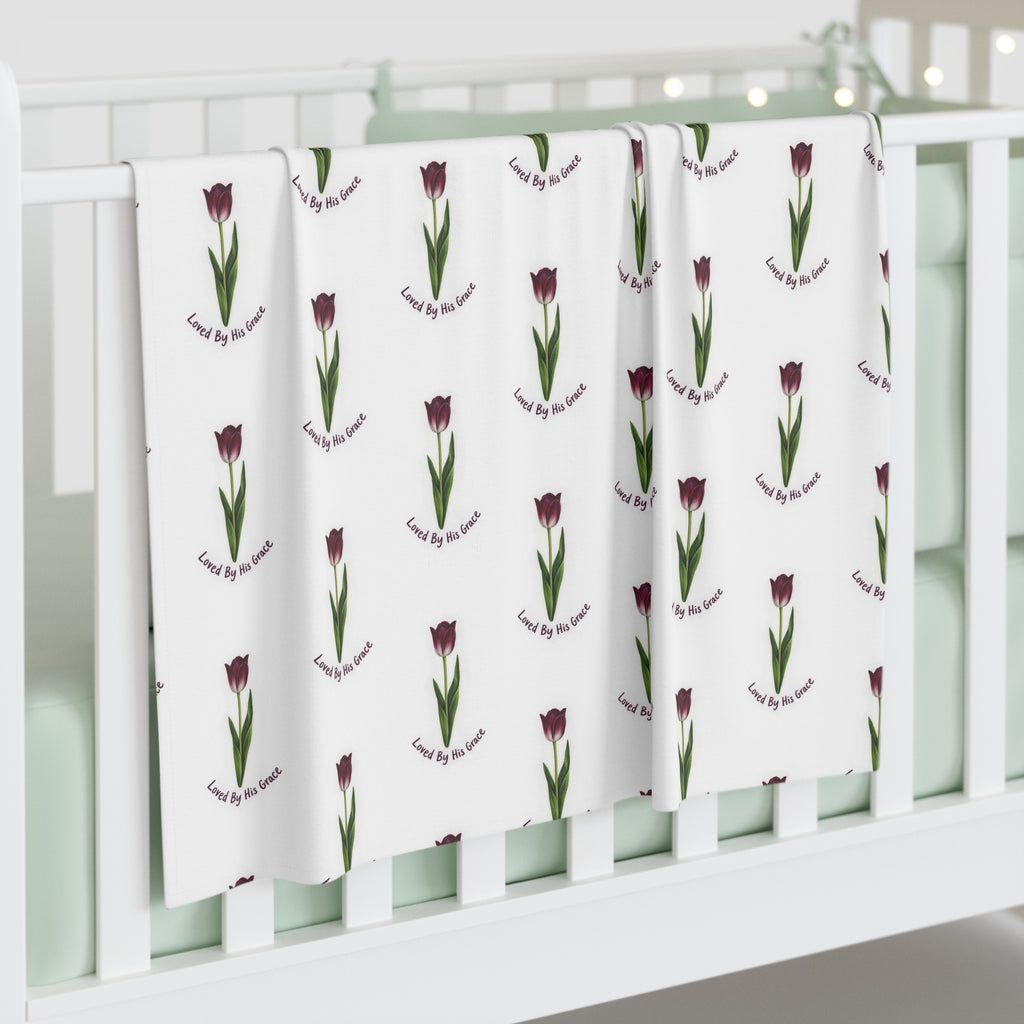 Floral Tulip Baby Swaddle Blanket — 'Loved by Mom' Pattern