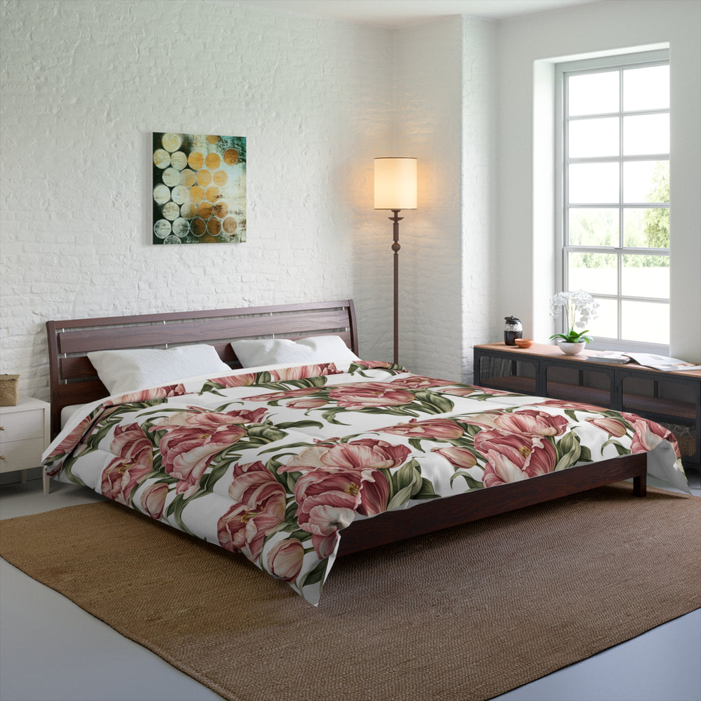 Floral Tulip Comforter - Vintage Pink Botanical Bedding