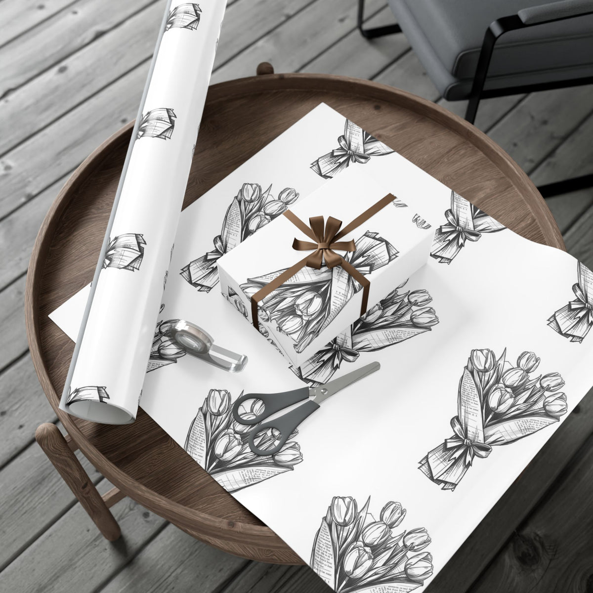 Bouquet Sketch Gift Wrap — Black & White Floral Wrapping Paper