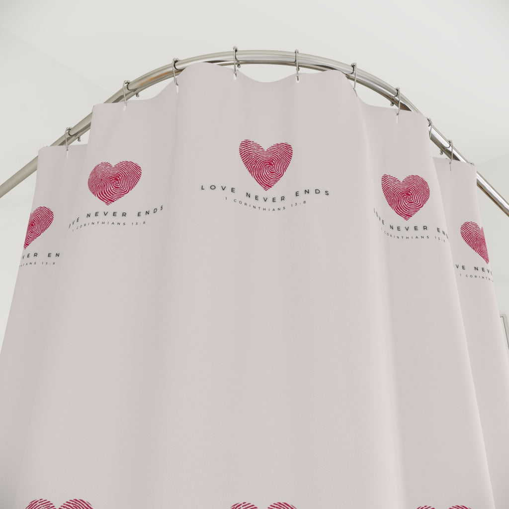 Shower Curtain — Pink Heart Pattern with “Love Never Ends” Romantic Bathroom Decor