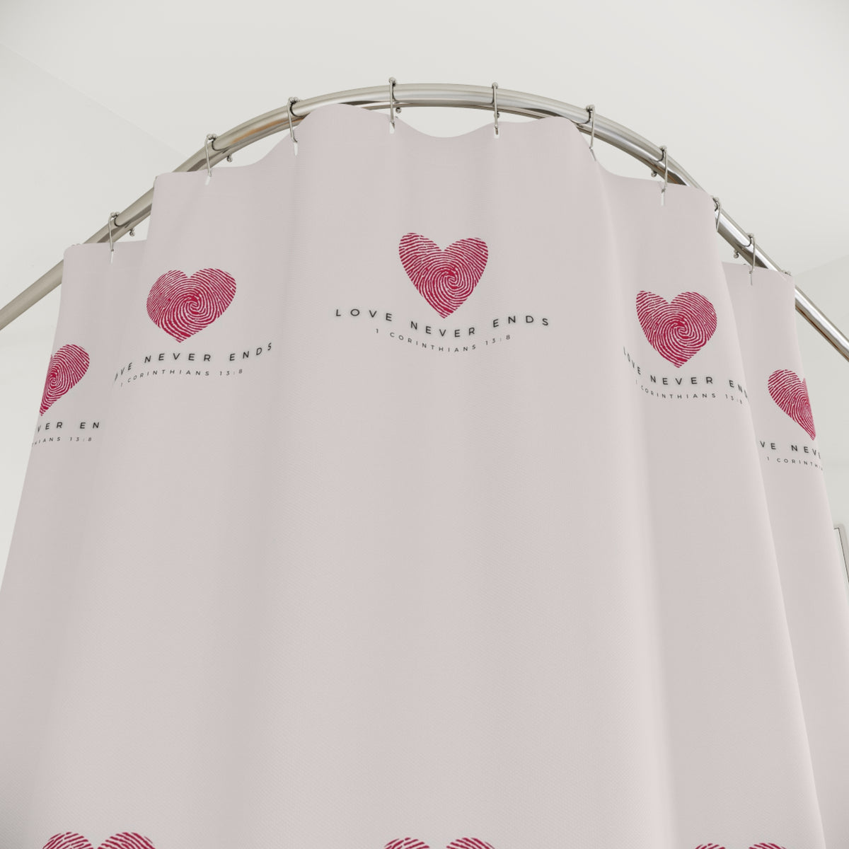 Shower Curtain — Pink Heart Pattern with “Love Never Ends” Romantic Bathroom Decor