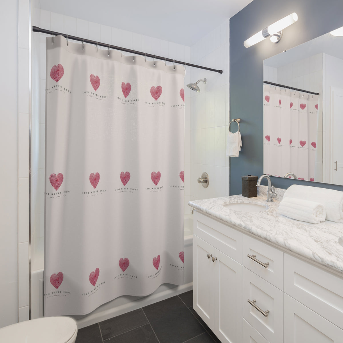 Shower Curtain — Pink Heart Pattern with “Love Never Ends” Romantic Bathroom Decor
