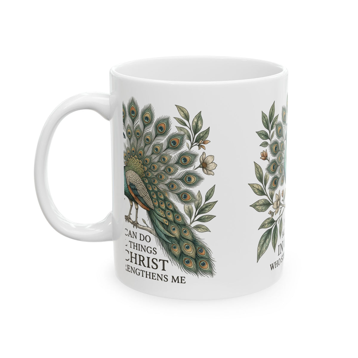 Christian Peacock Mug – "I Can Do All Things in Christ" Inspirational Coffee Cup
