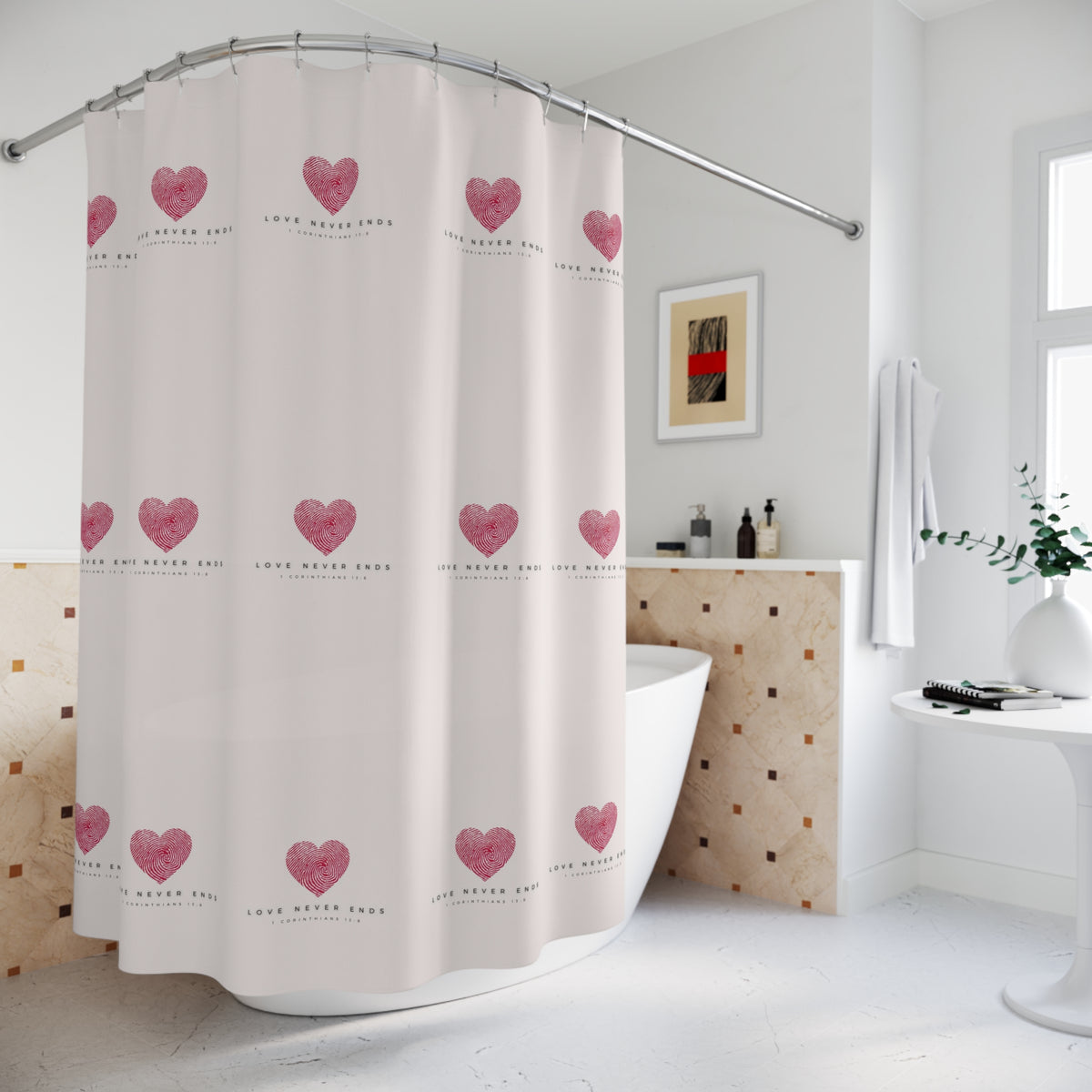 Shower Curtain — Pink Heart Pattern with “Love Never Ends” Romantic Bathroom Decor
