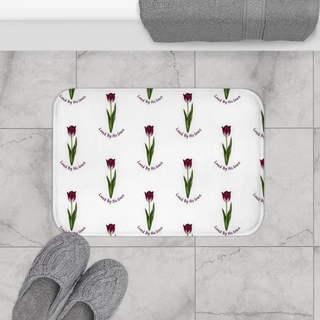 Loved By His Grace Tulip Bath Mat — Floral Christian Bathroom Rug