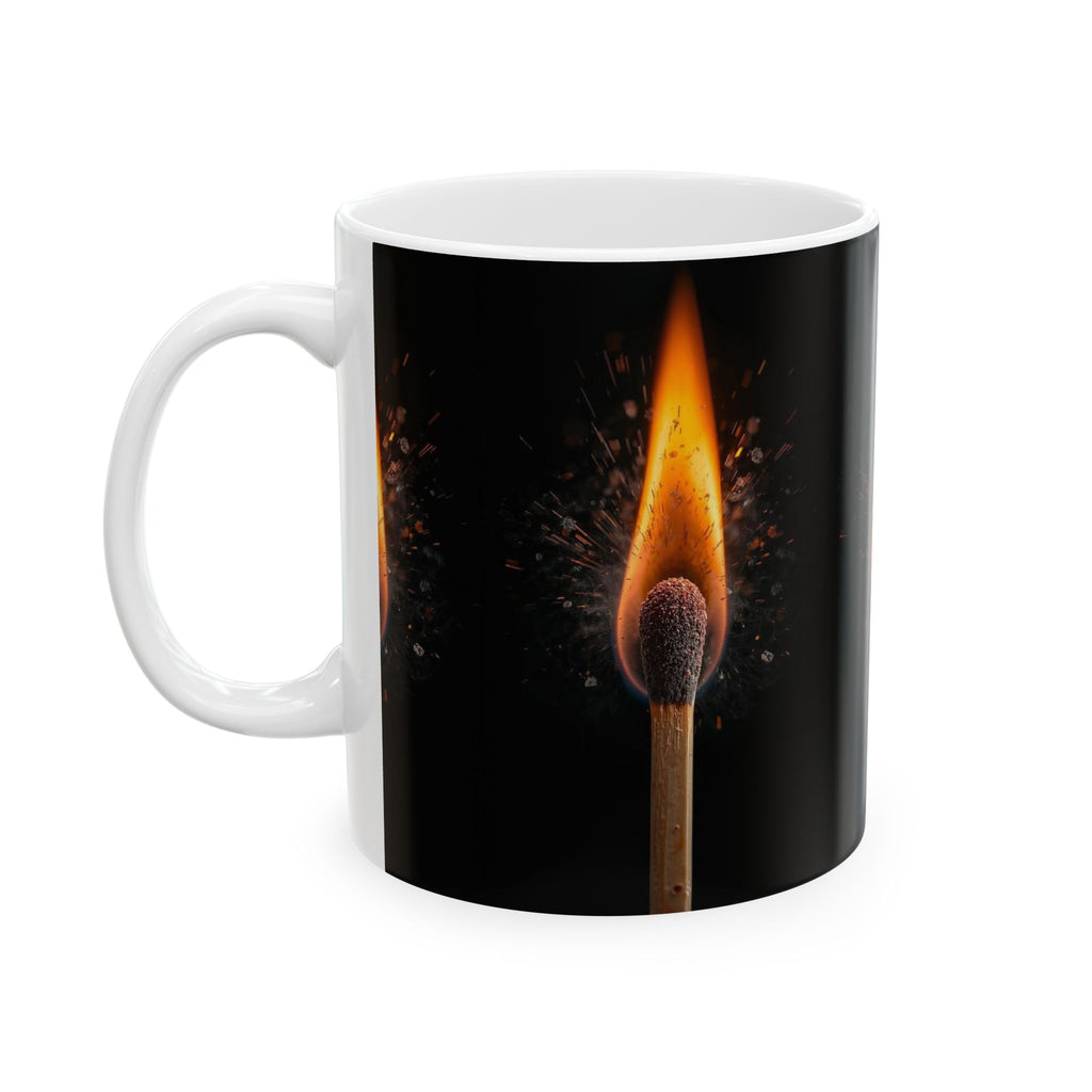 Matchstick Flame Ceramic Mug — Black Fire Photo Coffee Cup (11oz, 15oz)