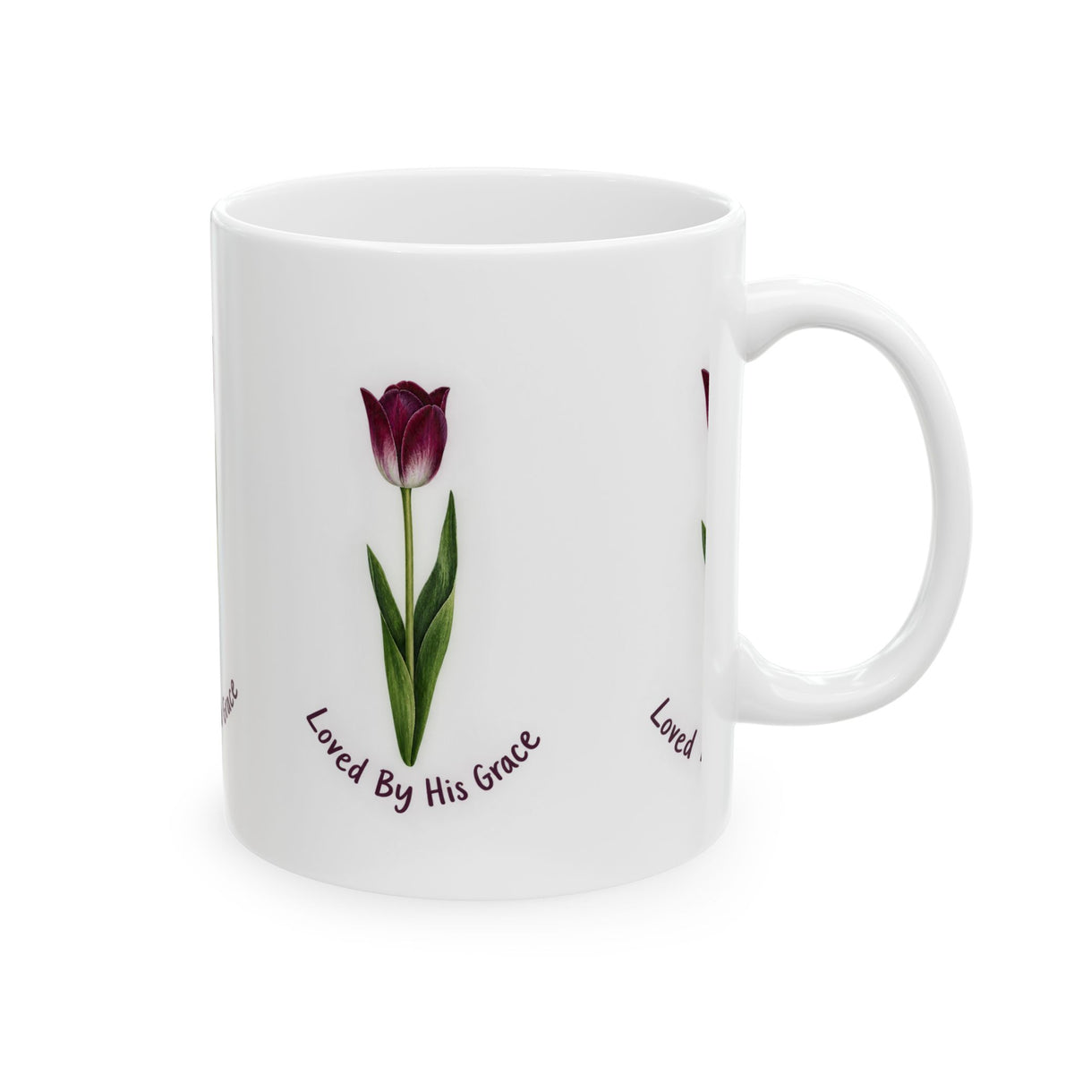 Tulip 'Loved By His Grace' Ceramic Mug — Faith-Inspired Floral Coffee Cup (11oz/15oz)