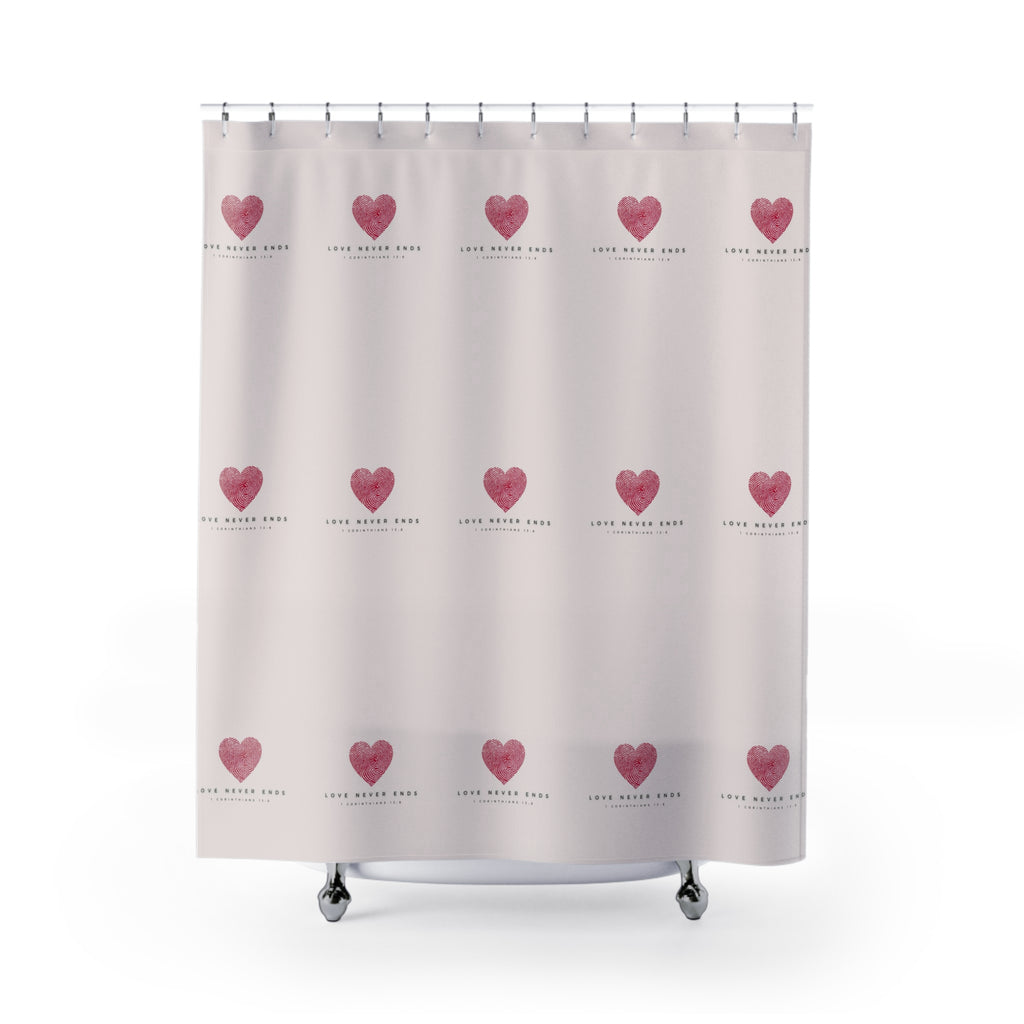 Shower Curtain — Pink Heart Pattern with “Love Never Ends” Romantic Bathroom Decor